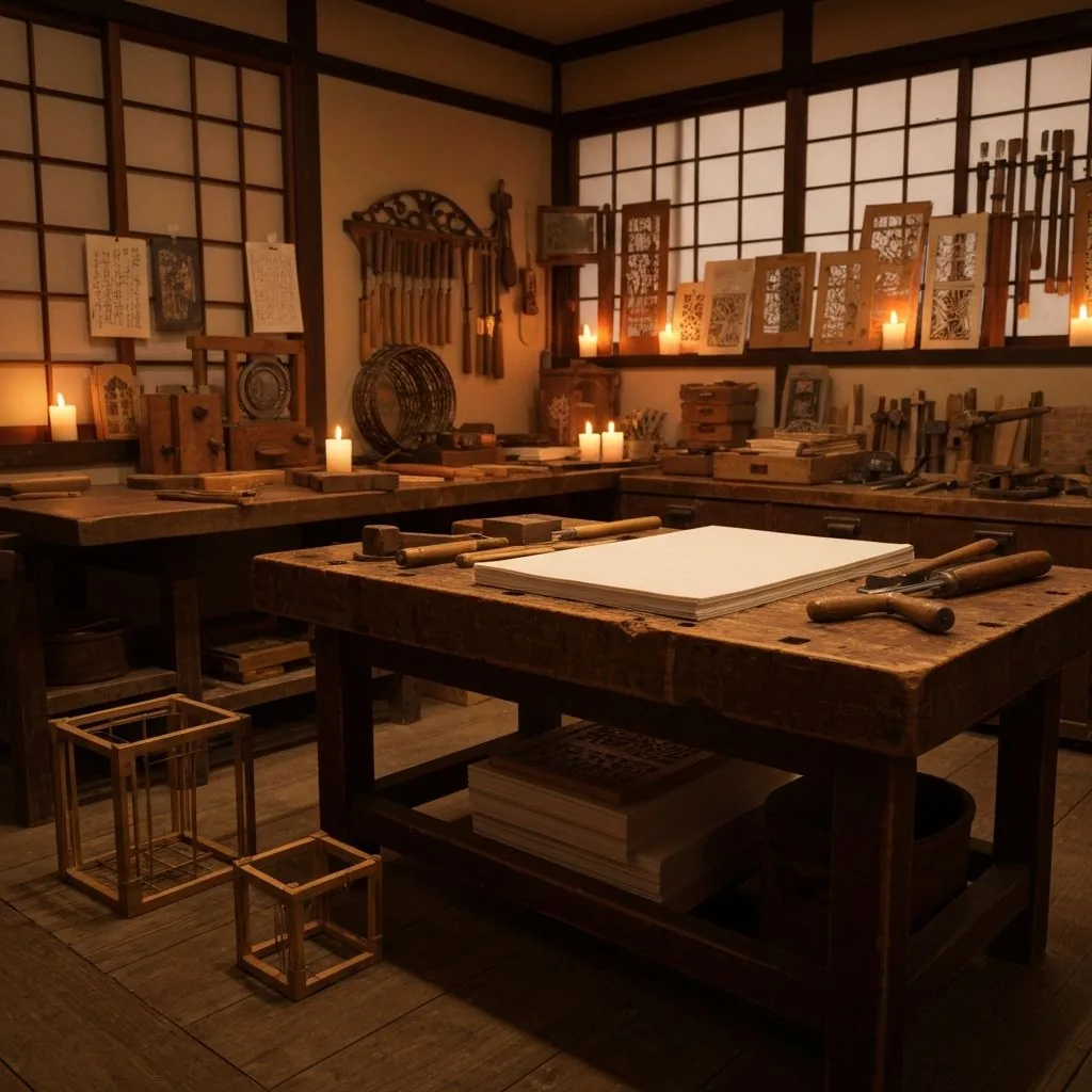 Artisan lantern-making workshop interior