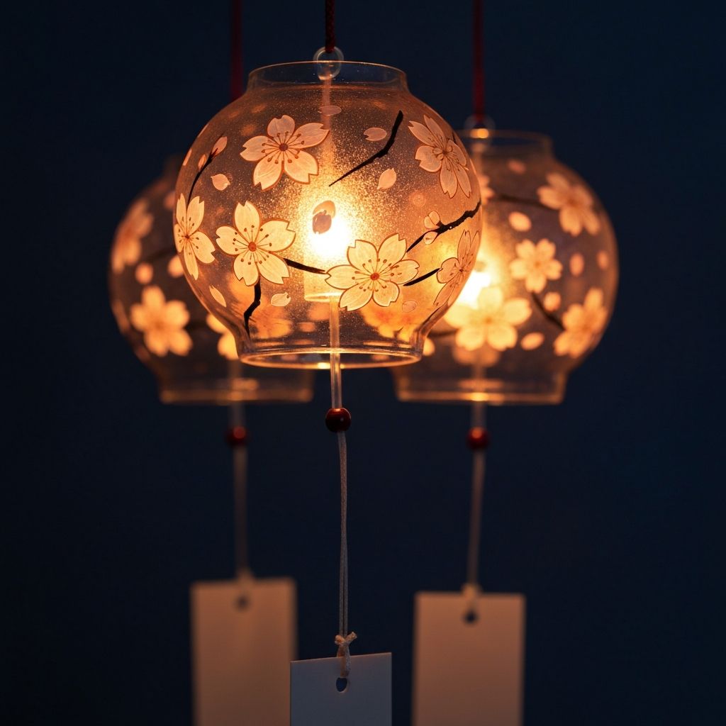 Hand-painted glass furin wind chime lantern