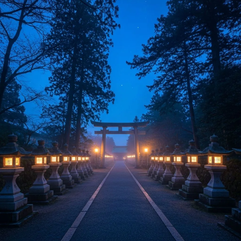 Stone tōrō lanterns on a shrine path at dusk